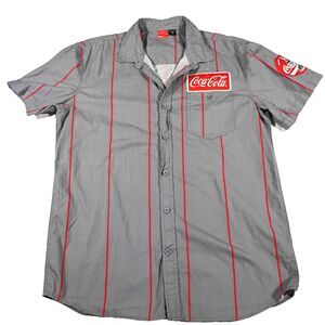 Coca Cola Gray 100% Cotton Work Shirt Red Stripes Embroidered Patches L